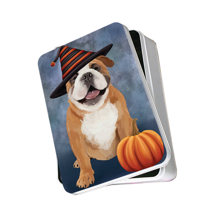 Happy Halloween English Bulldog Wearing Witch Hat with Pumpkin Photo Storage Tin PITN54890