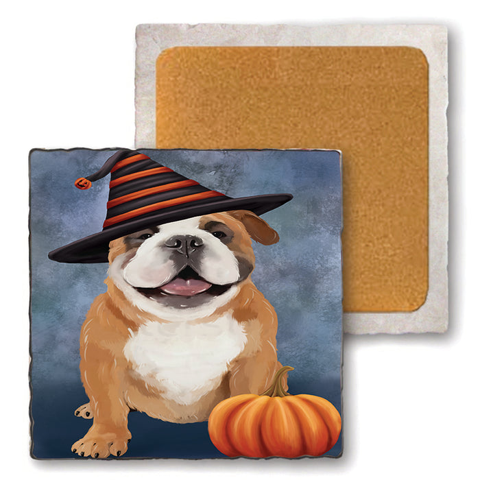 Happy Halloween English Bulldog Wearing Witch Hat with Pumpkin Set of 4 Natural Stone Marble Tile Coasters MCST49947