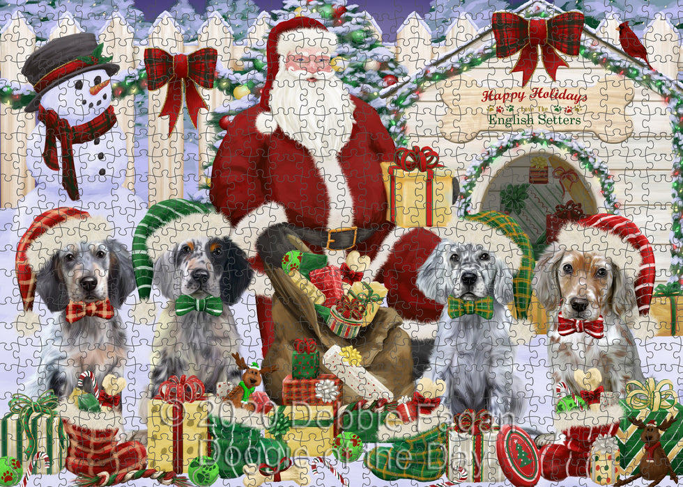 Christmas Dog house Gathering English Setter Dogs Portrait Jigsaw Puzzle for Adults Animal Interlocking Puzzle Game Unique Gift for Dog Lover's with Metal Tin Box