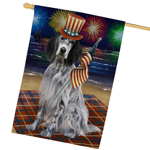4th of July Independence Day Firework English Setter Dog House Flag Outdoor Decorative Double Sided Pet Portrait Weather Resistant Premium Quality Animal Printed Home Decorative Flags 100% Polyester FLG68848