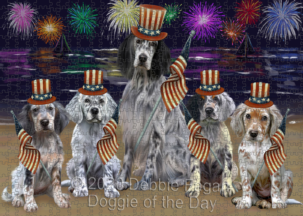 4th of July Independence Day Firework English Setter Dogs Portrait Jigsaw Puzzle for Adults Animal Interlocking Puzzle Game Unique Gift for Dog Lover's with Metal Tin Box