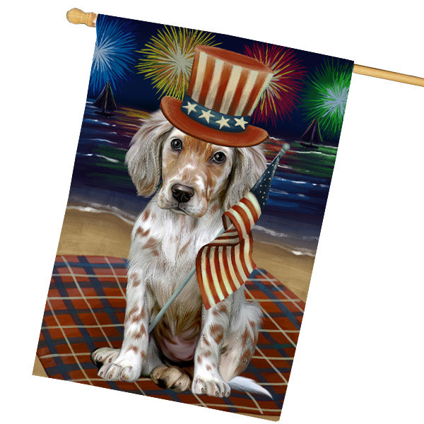 4th of July Independence Day Firework English Setter Dog House Flag Outdoor Decorative Double Sided Pet Portrait Weather Resistant Premium Quality Animal Printed Home Decorative Flags 100% Polyester FLG68849