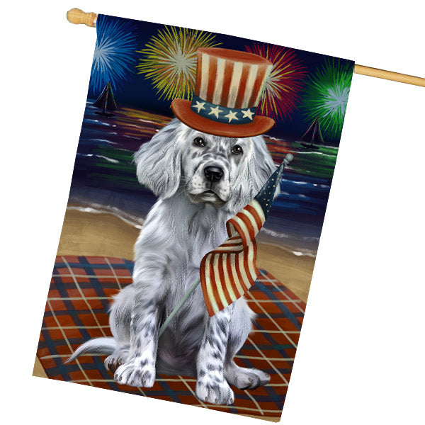 4th of July Independence Day Firework English Setter Dog House Flag Outdoor Decorative Double Sided Pet Portrait Weather Resistant Premium Quality Animal Printed Home Decorative Flags 100% Polyester FLG68850