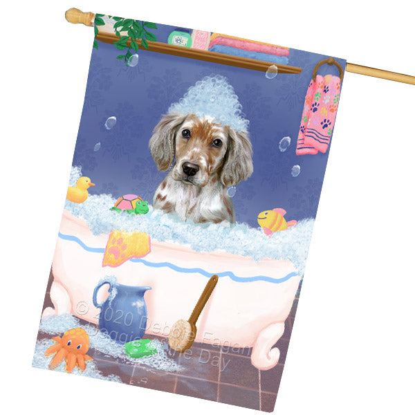 Rub a Dub Dogs in a Tub English Setter Dog House Flag Outdoor Decorative Double Sided Pet Portrait Weather Resistant Premium Quality Animal Printed Home Decorative Flags 100% Polyester FLG69138