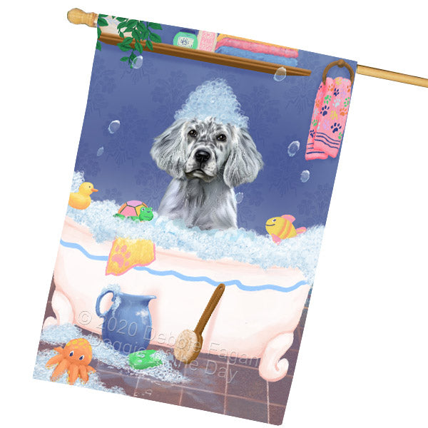 Rub a Dub Dogs in a Tub English Setter Dog House Flag Outdoor Decorative Double Sided Pet Portrait Weather Resistant Premium Quality Animal Printed Home Decorative Flags 100% Polyester FLG69140