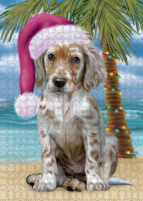 Christmas Summertime Island Tropical Beach English Setter Dog Portrait Jigsaw Puzzle for Adults Animal Interlocking Puzzle Game Unique Gift for Dog Lover's with Metal Tin Box PZL701