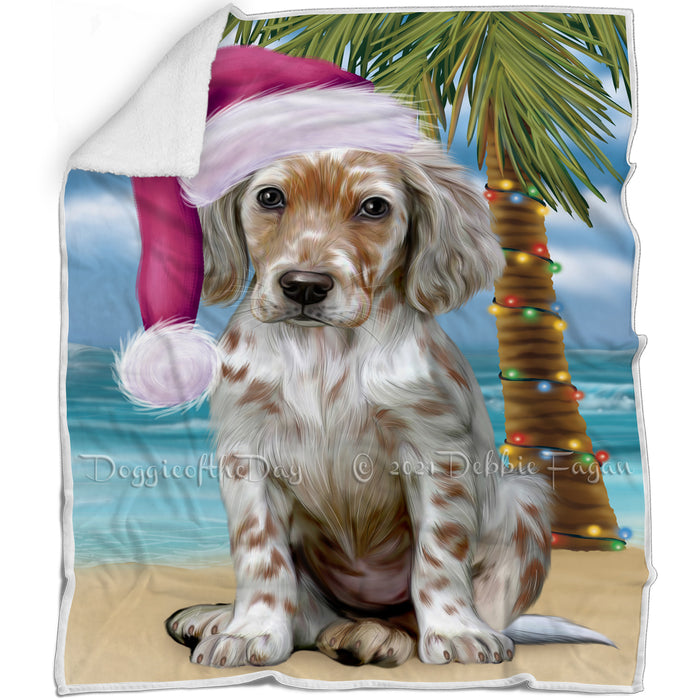 Summertime Happy Holidays Christmas English Setter Dog on Tropical Island Beach Blanket BLNKT143435