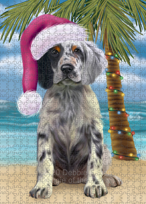 Christmas Summertime Island Tropical Beach English Setter Dog Portrait Jigsaw Puzzle for Adults Animal Interlocking Puzzle Game Unique Gift for Dog Lover's with Metal Tin Box PZL702