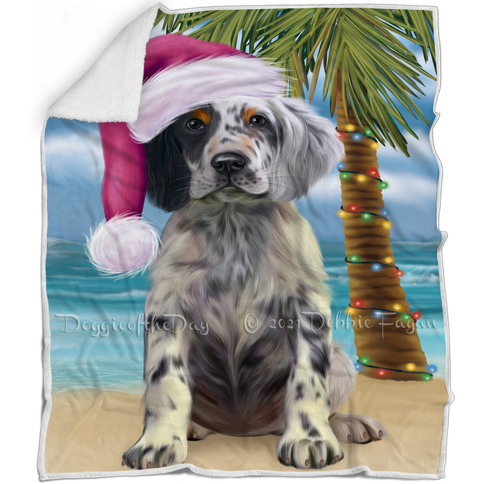 Summertime Happy Holidays Christmas English Setter Dog on Tropical Island Beach Blanket BLNKT143436