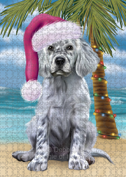 Christmas Summertime Island Tropical Beach English Setter Dog Portrait Jigsaw Puzzle for Adults Animal Interlocking Puzzle Game Unique Gift for Dog Lover's with Metal Tin Box PZL703