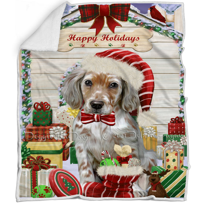Happy Holidays Christmas English Setter Dog House with Presents Blanket BLNKT142080