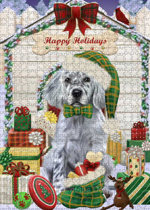 Christmas House with Presents English Setter Dog Portrait Jigsaw Puzzle for Adults Animal Interlocking Puzzle Game Unique Gift for Dog Lover's with Metal Tin Box PZL646