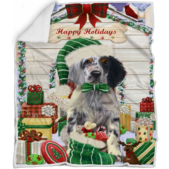 Happy Holidays Christmas English Setter Dog House with Presents Blanket BLNKT142078