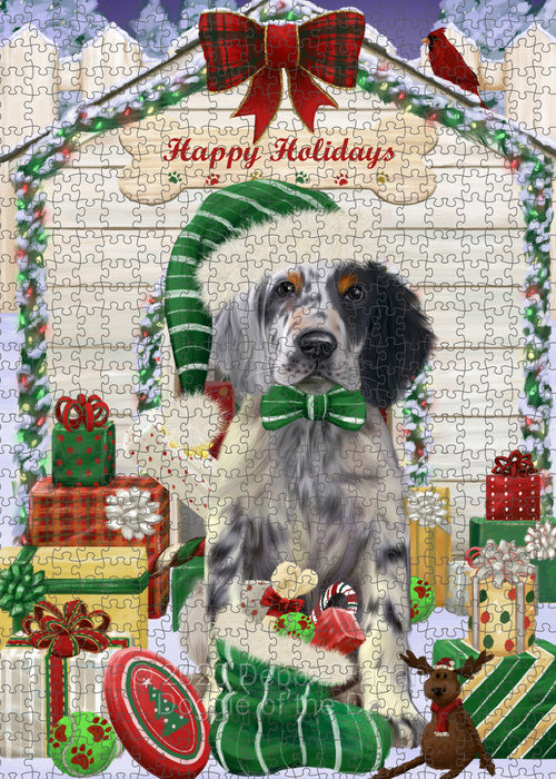 Christmas House with Presents English Setter Dog Portrait Jigsaw Puzzle for Adults Animal Interlocking Puzzle Game Unique Gift for Dog Lover's with Metal Tin Box PZL647