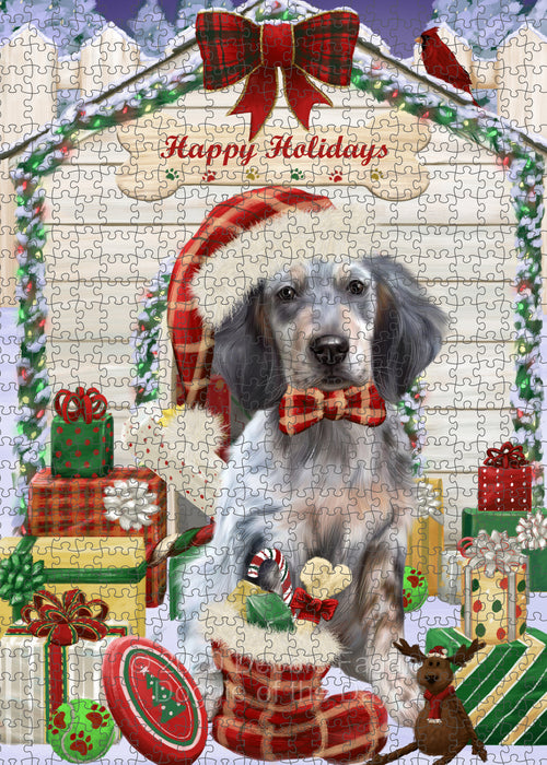 Christmas House with Presents English Setter Dog Portrait Jigsaw Puzzle for Adults Animal Interlocking Puzzle Game Unique Gift for Dog Lover's with Metal Tin Box PZL648