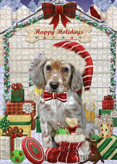 Christmas House with Presents English Setter Dog Portrait Jigsaw Puzzle for Adults Animal Interlocking Puzzle Game Unique Gift for Dog Lover's with Metal Tin Box PZL649