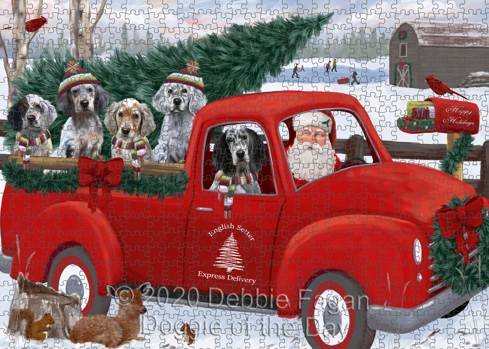 Christmas Santa Express Delivery Red Truck English Setter Dogs Portrait Jigsaw Puzzle for Adults Animal Interlocking Puzzle Game Unique Gift for Dog Lover's with Metal Tin Box