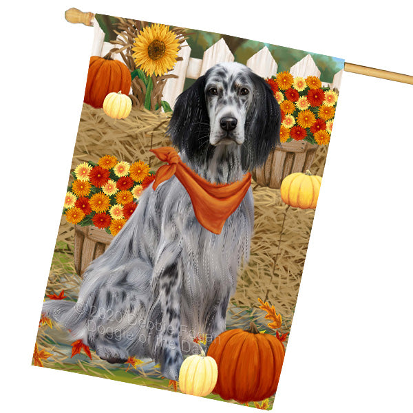 Fall Pumpkin Autumn Greeting English Setter Dog House Flag Outdoor Decorative Double Sided Pet Portrait Weather Resistant Premium Quality Animal Printed Home Decorative Flags 100% Polyester FLG69382