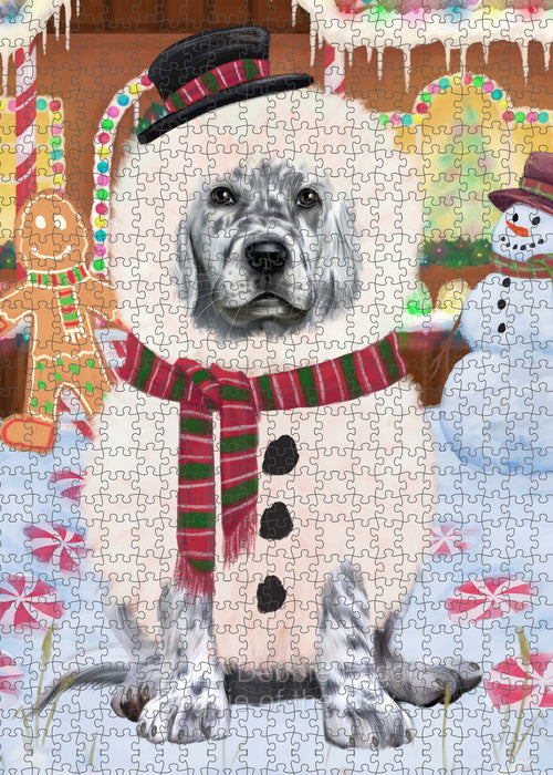 Christmas Gingerbread Snowman English Setter Dog Portrait Jigsaw Puzzle for Adults Animal Interlocking Puzzle Game Unique Gift for Dog Lover's with Metal Tin Box