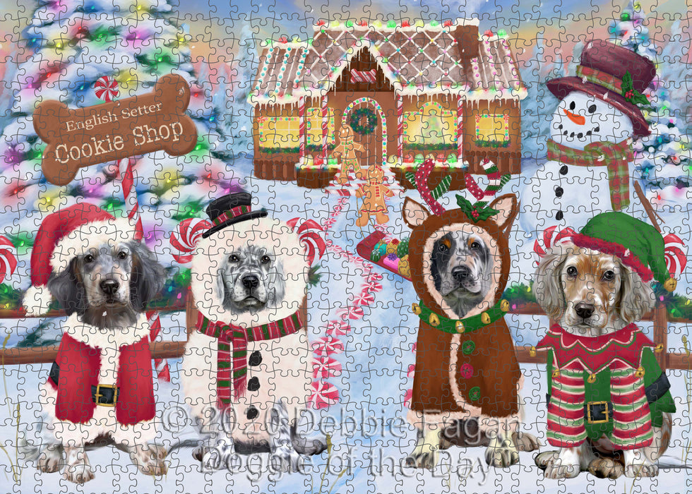 Christmas Gingerbread Cookie Shop English Setter Dogs Portrait Jigsaw Puzzle for Adults Animal Interlocking Puzzle Game Unique Gift for Dog Lover's with Metal Tin Box