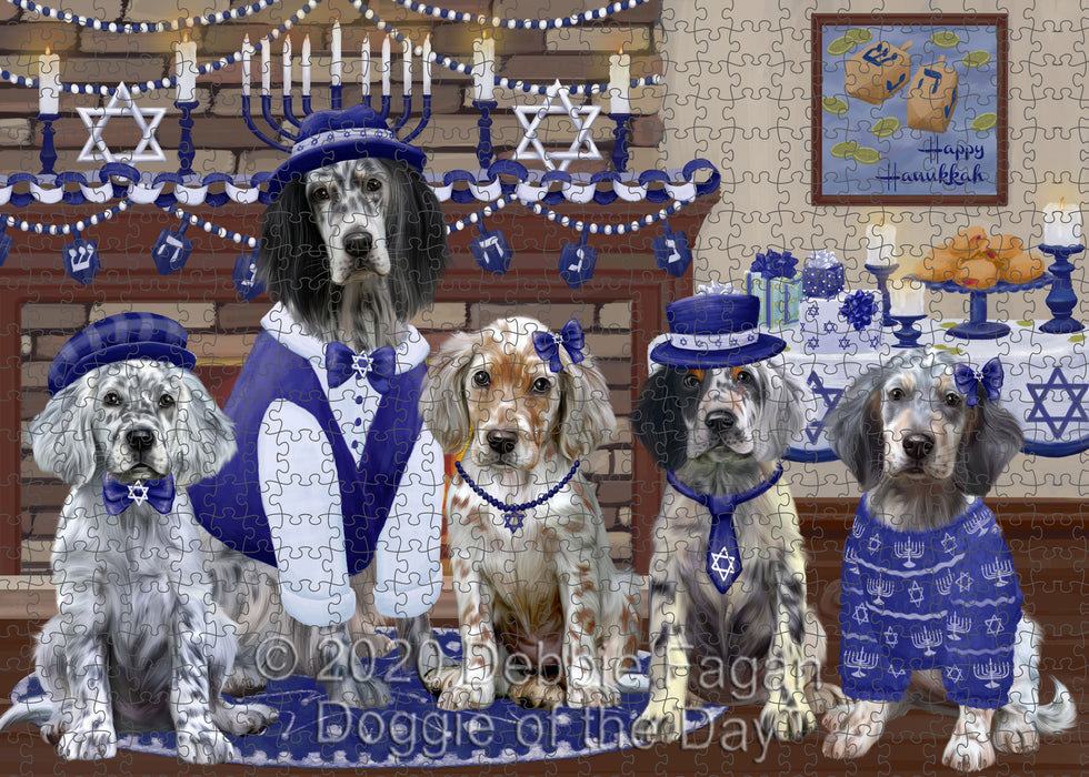 Happy Hanukkah Family English Setter Dogs Portrait Jigsaw Puzzle for Adults Animal Interlocking Puzzle Game Unique Gift for Dog Lover's with Metal Tin Box