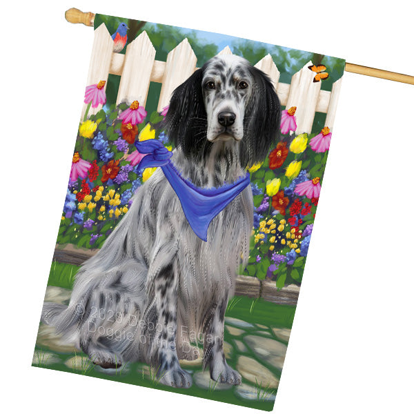 Spring Floral English Setter Dog House Flag Outdoor Decorative Double Sided Pet Portrait Weather Resistant Premium Quality Animal Printed Home Decorative Flags 100% Polyester FLG69417