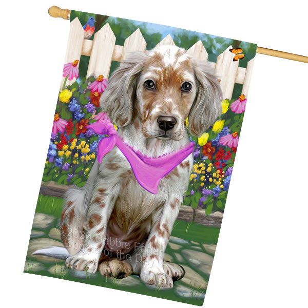 Spring Floral English Setter Dog House Flag Outdoor Decorative Double Sided Pet Portrait Weather Resistant Premium Quality Animal Printed Home Decorative Flags 100% Polyester FLG69418