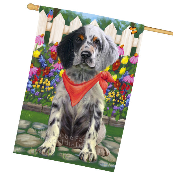 Spring Floral English Setter Dog House Flag Outdoor Decorative Double Sided Pet Portrait Weather Resistant Premium Quality Animal Printed Home Decorative Flags 100% Polyester FLG69421