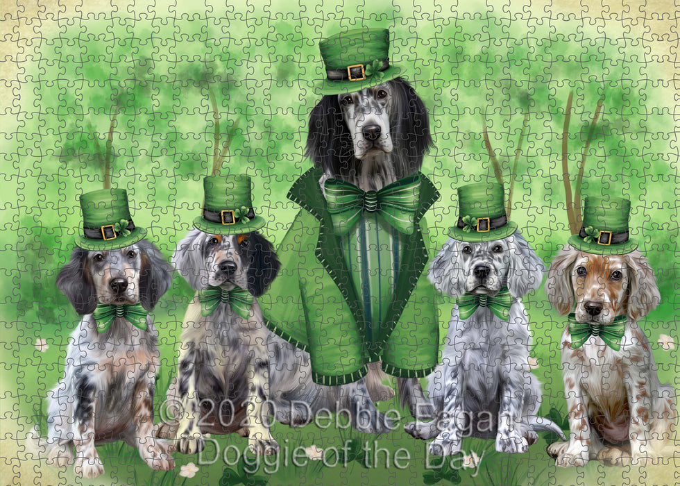 St. Patrick's Day Family English Setter Dogs Portrait Jigsaw Puzzle for Adults Animal Interlocking Puzzle Game Unique Gift for Dog Lover's with Metal Tin Box