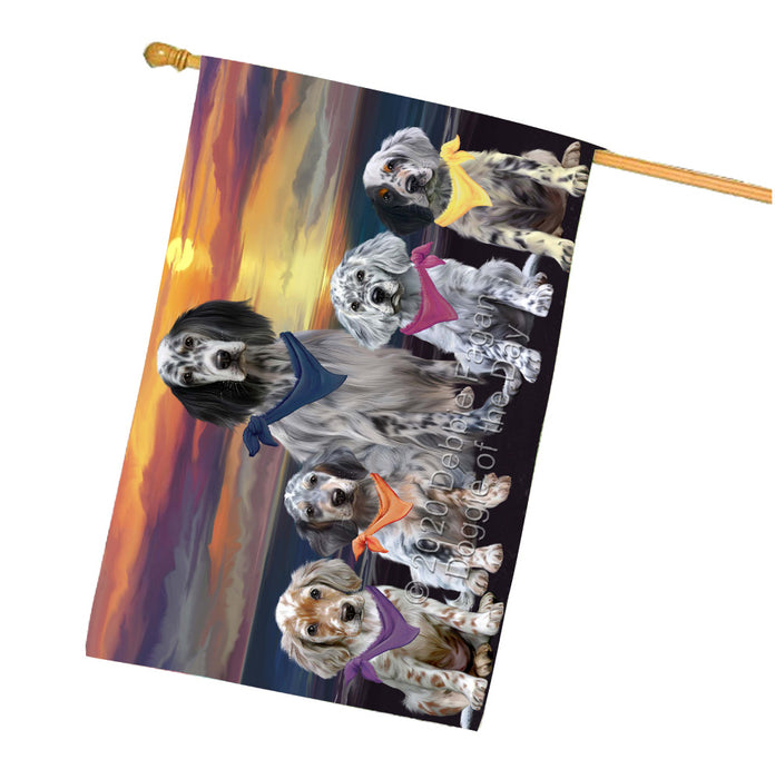 Family Sunset Portrait English Setter Dogs House Flag Outdoor Decorative Double Sided Pet Portrait Weather Resistant Premium Quality Animal Printed Home Decorative Flags 100% Polyester