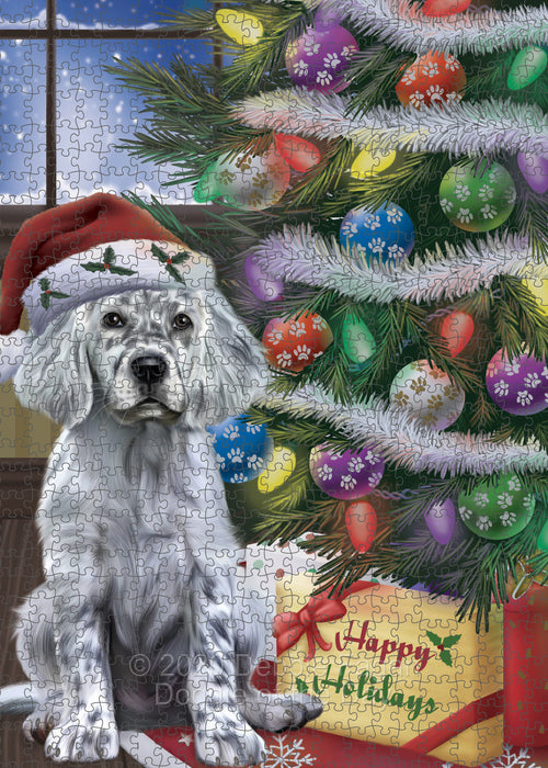 Christmas Tree and Presents English Setter Dog Portrait Jigsaw Puzzle for Adults Animal Interlocking Puzzle Game Unique Gift for Dog Lover's with Metal Tin Box PZL623