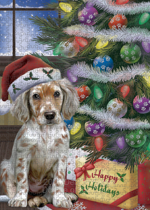 Christmas Tree and Presents English Setter Dog Portrait Jigsaw Puzzle for Adults Animal Interlocking Puzzle Game Unique Gift for Dog Lover's with Metal Tin Box PZL624