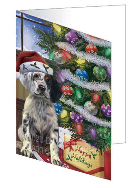 Christmas Tree and Presents English Setter Dog Handmade Artwork Assorted Pets Greeting Cards and Note Cards with Envelopes for All Occasions and Holiday Seasons