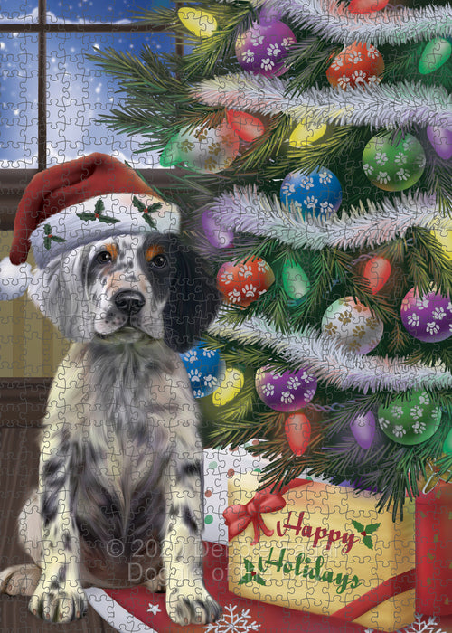 Christmas Tree and Presents English Setter Dog Portrait Jigsaw Puzzle for Adults Animal Interlocking Puzzle Game Unique Gift for Dog Lover's with Metal Tin Box PZL625