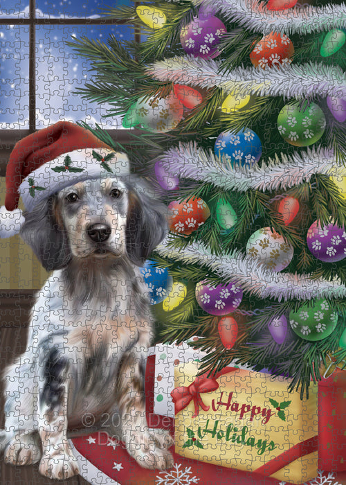 Christmas Tree and Presents English Setter Dog Portrait Jigsaw Puzzle for Adults Animal Interlocking Puzzle Game Unique Gift for Dog Lover's with Metal Tin Box PZL626