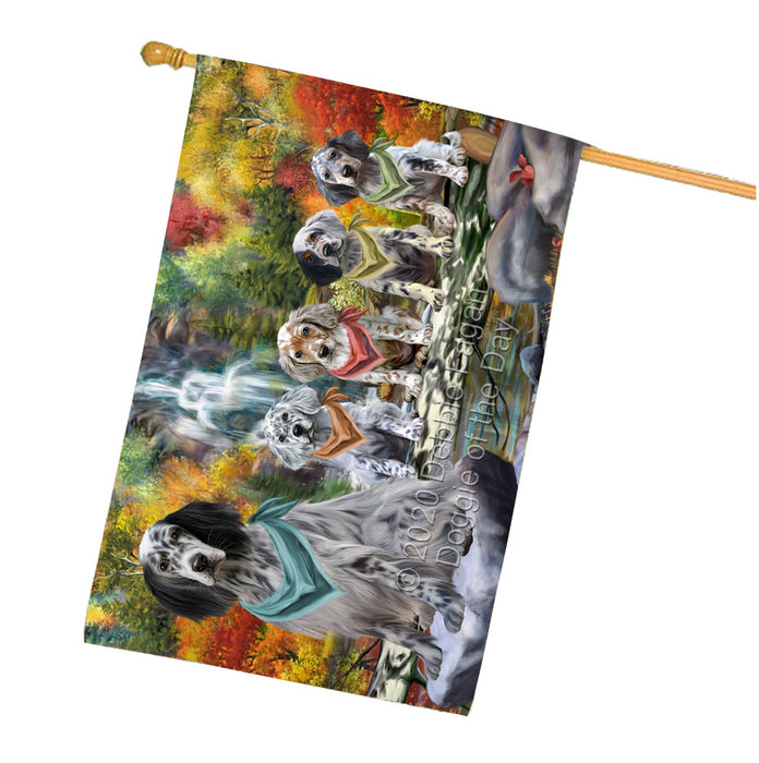 Scenic Waterfall English Setter Dogs House Flag Outdoor Decorative Double Sided Pet Portrait Weather Resistant Premium Quality Animal Printed Home Decorative Flags 100% Polyester
