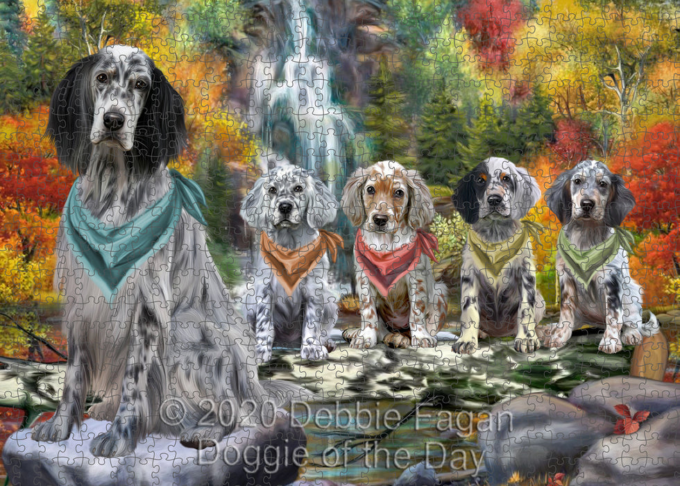 Scenic Waterfall English Setter Dogs Portrait Jigsaw Puzzle for Adults Animal Interlocking Puzzle Game Unique Gift for Dog Lover's with Metal Tin Box