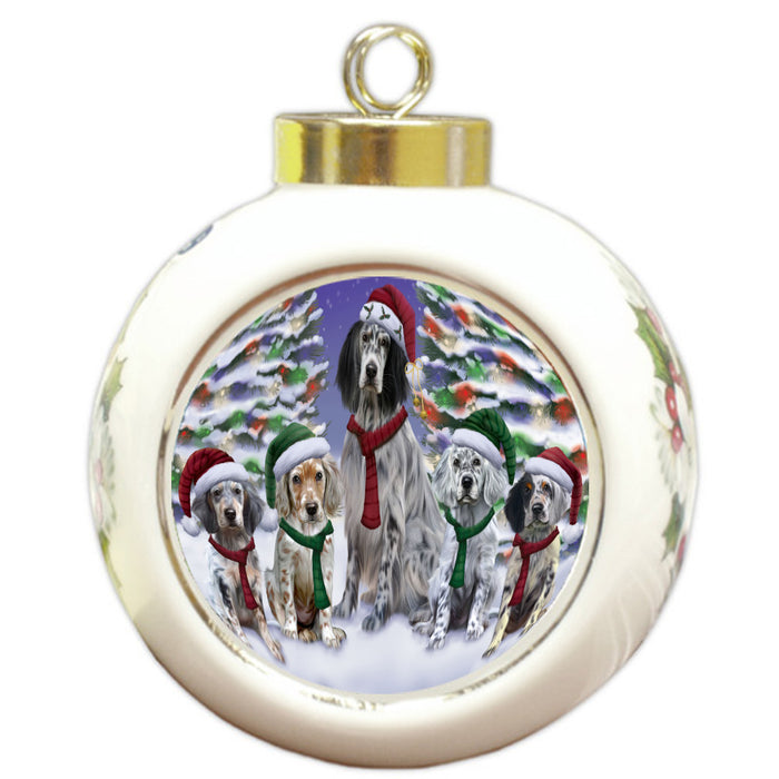 Christmas Happy Holidays English Setter Dogs Family Portrait Round Ball Christmas Ornament Pet Decorative Hanging Ornaments for Christmas X-mas Tree Decorations - 3" Round Ceramic Ornament