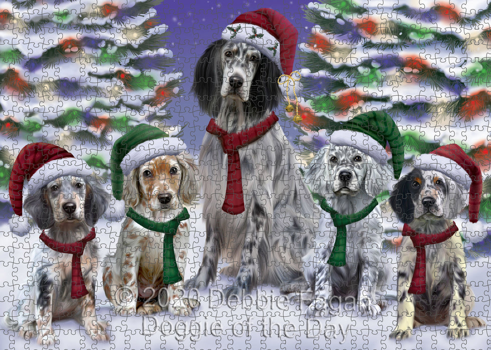 Christmas Happy Holidays English Setter Dogs Family Portrait Portrait Jigsaw Puzzle for Adults Animal Interlocking Puzzle Game Unique Gift for Dog Lover's with Metal Tin Box