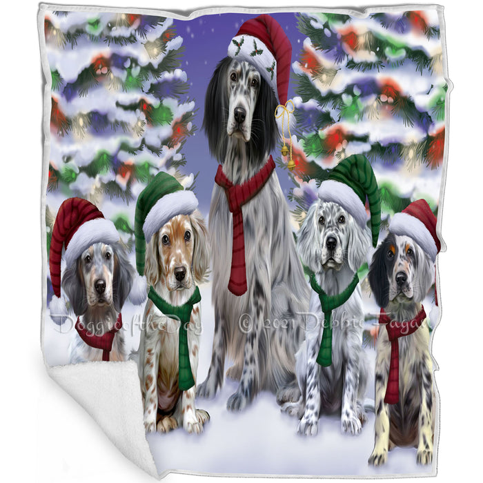 English Setter Dogs Christmas Family Portrait in Holiday Scenic Background Blanket BLNKT143268