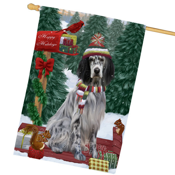 Christmas Woodland Sled English Setter Dog House Flag Outdoor Decorative Double Sided Pet Portrait Weather Resistant Premium Quality Animal Printed Home Decorative Flags 100% Polyester FLG69563