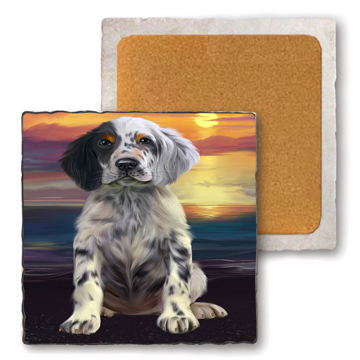 Sunset English Setter Dog Set of 4 Natural Stone Marble Tile Coasters MCST52151