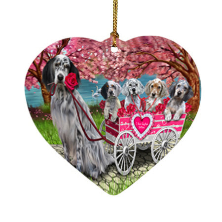 I Love English Setter Dogs in a Cart Heart Christmas Ornament HPOR58006