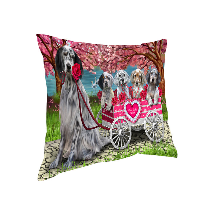 I Love English Setter Dogs in a Cart Pillow PIL86376