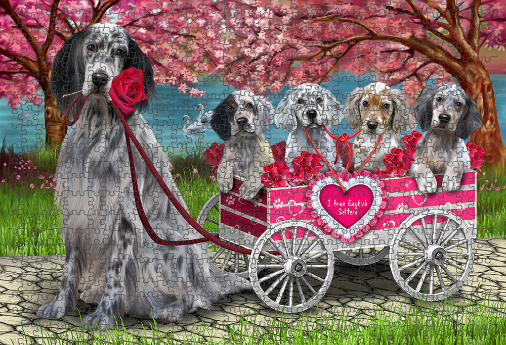 I Love English Setter Dogs in a Cart Portrait Jigsaw Puzzle for Adults Animal Interlocking Puzzle Game Unique Gift for Dog Lover's with Metal Tin Box