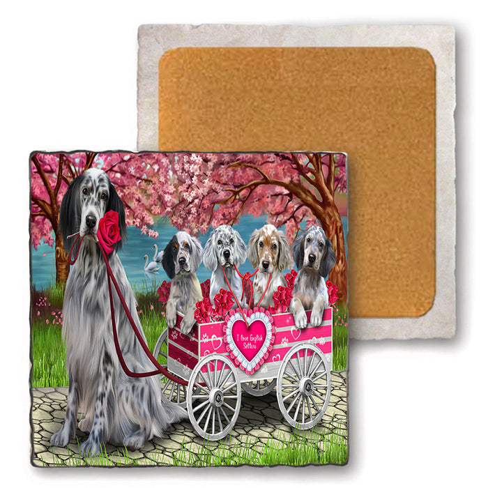 I Love English Setter Dogs in a Cart Set of 4 Natural Stone Marble Tile Coasters MCST52116