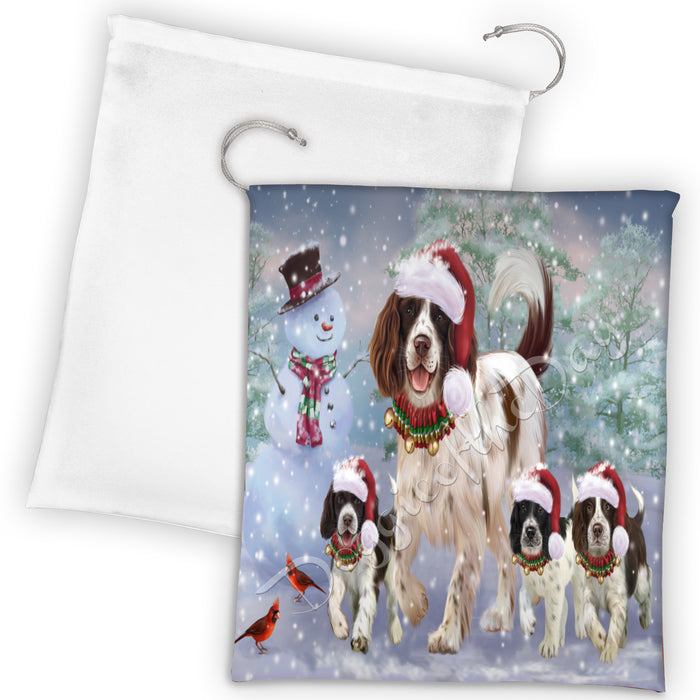 Christmas Running Fammily English Springer Spaniel Dogs Drawstring Laundry or Gift Bag LGB48224