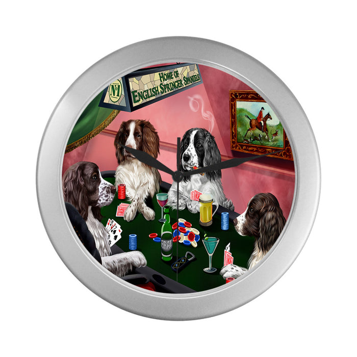 Home of English Springer Spaniel Dogs Playing Poker Silver Wall Clocks