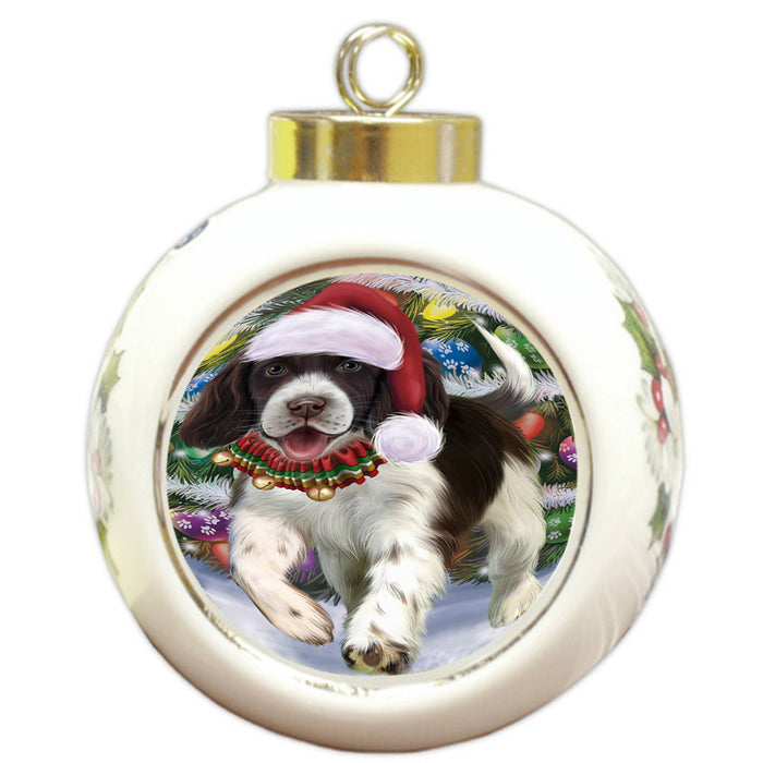 Trotting in the Snow English Springer Spaniel Dog Round Ball Christmas Ornament RBPOR54701