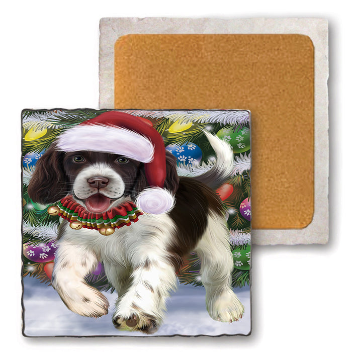 Trotting in the Snow English Springer Spaniel Dog Set of 4 Natural Stone Marble Tile Coasters MCST49573